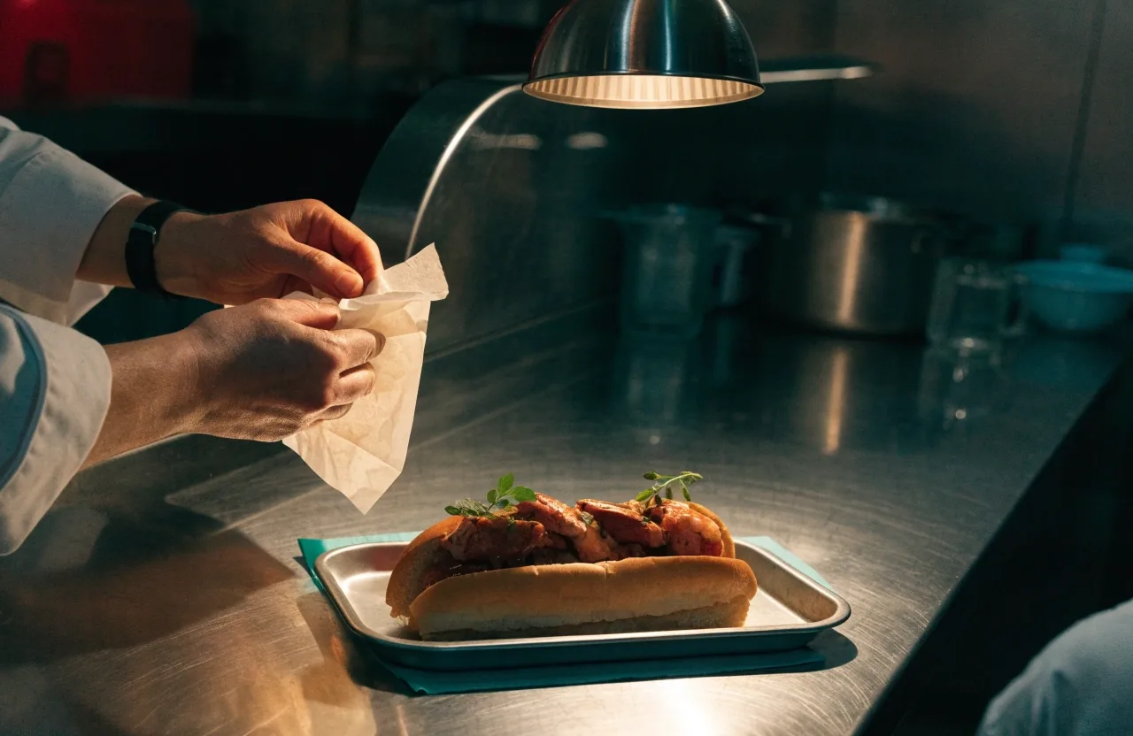 A grilled sandwich and a lobster roll on waxed paper on a stainless counter under one warm lamp