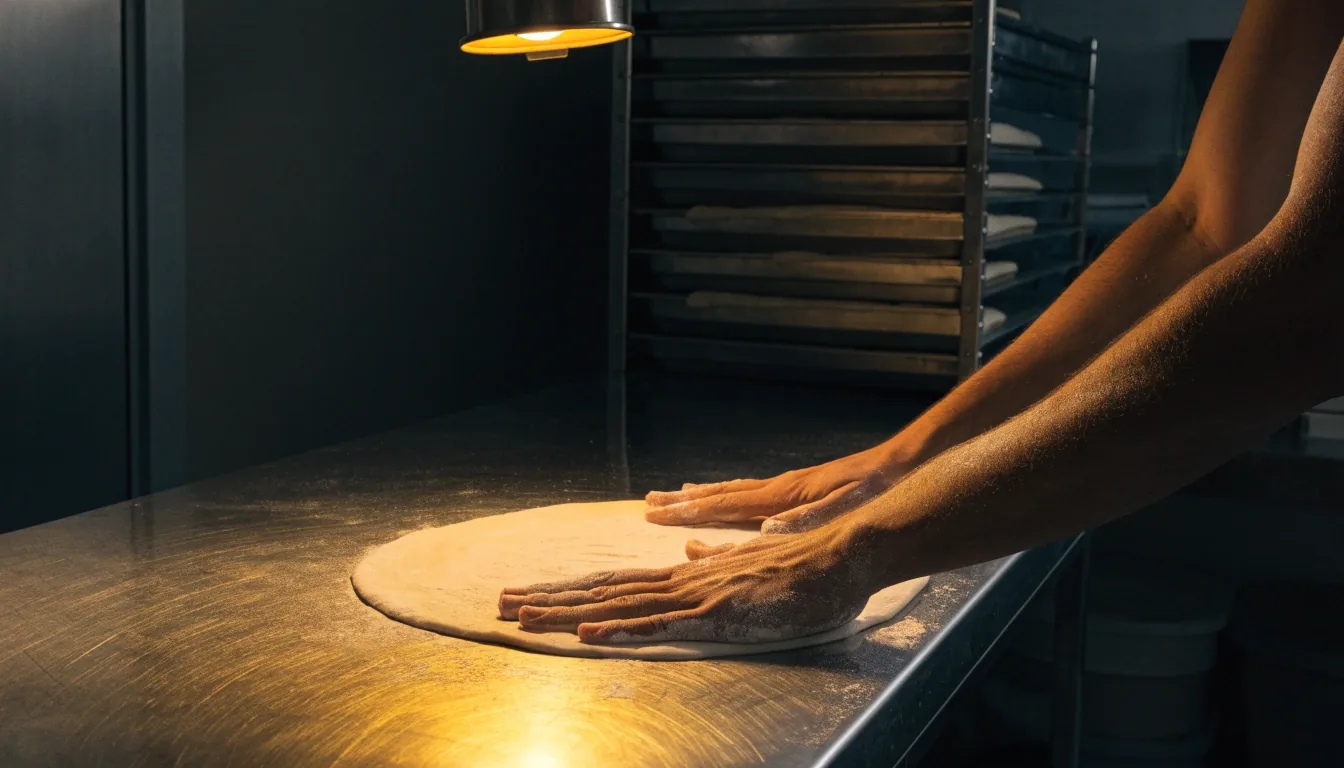 A baker pressing out thin-crust dough on a floured stainless table under one warm lamp in a night kitchen