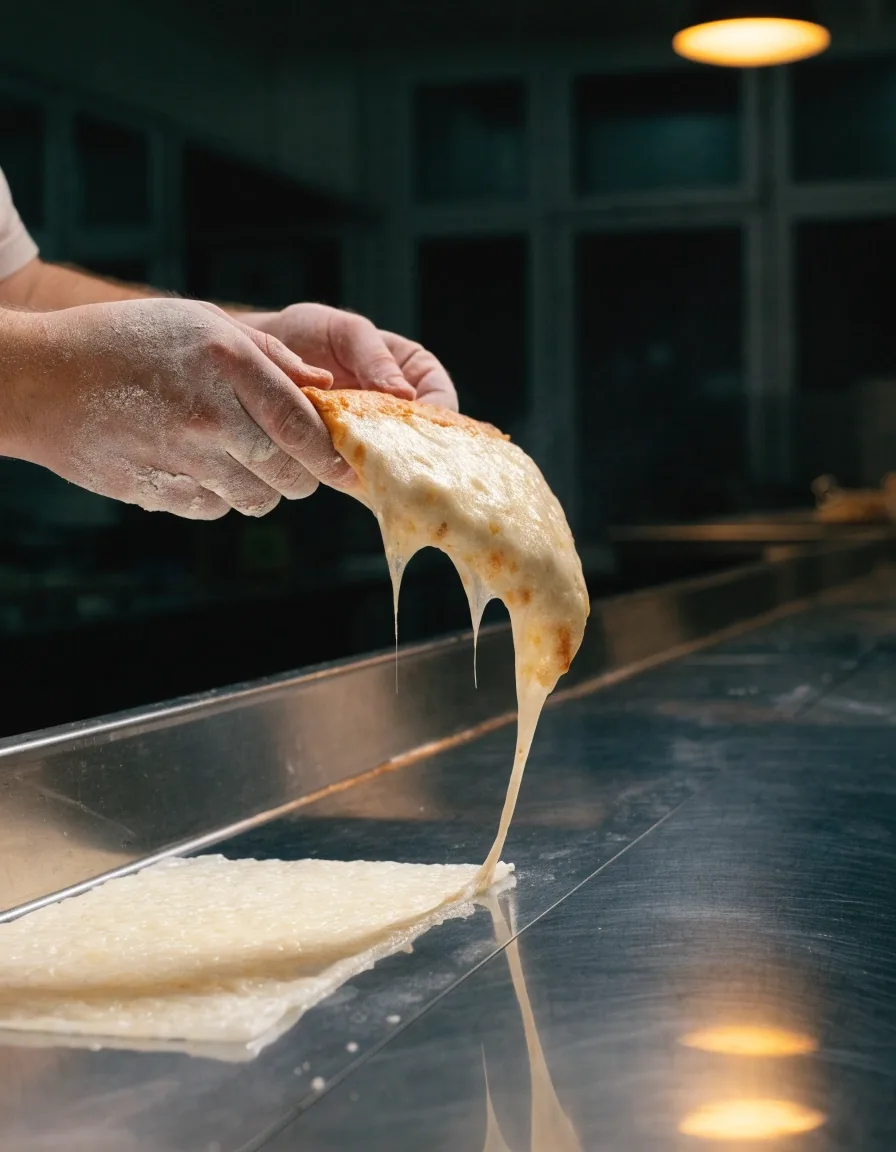 A slice of thin-crust pizza lifted from the pie on a stainless kitchen pass, cheese pull catching the overhead lamp
