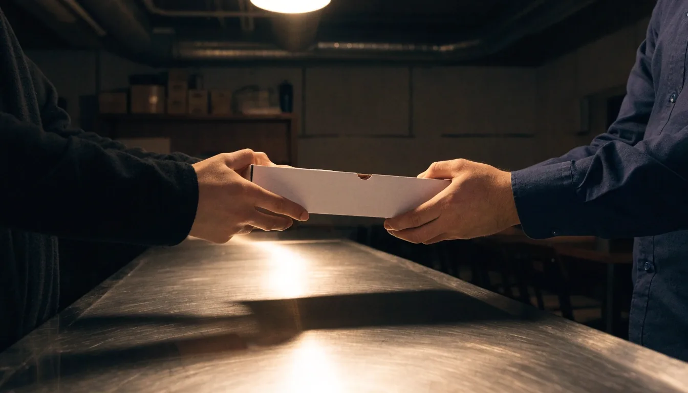 A plain pizza box being handed across a stainless takeout counter in a dark neighborhood restaurant