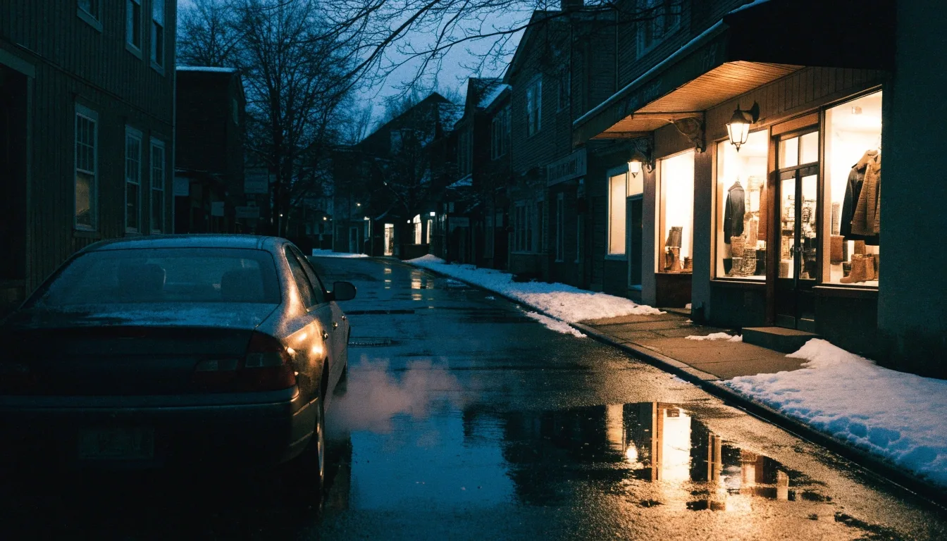A wet New England street at night in early winter, snow along the curb and warm storefront light reflecting on dark asphalt