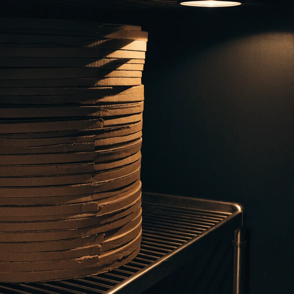 Plain pizza boxes stacked on a steel storeroom shelf lit by a single warm overhead lamp