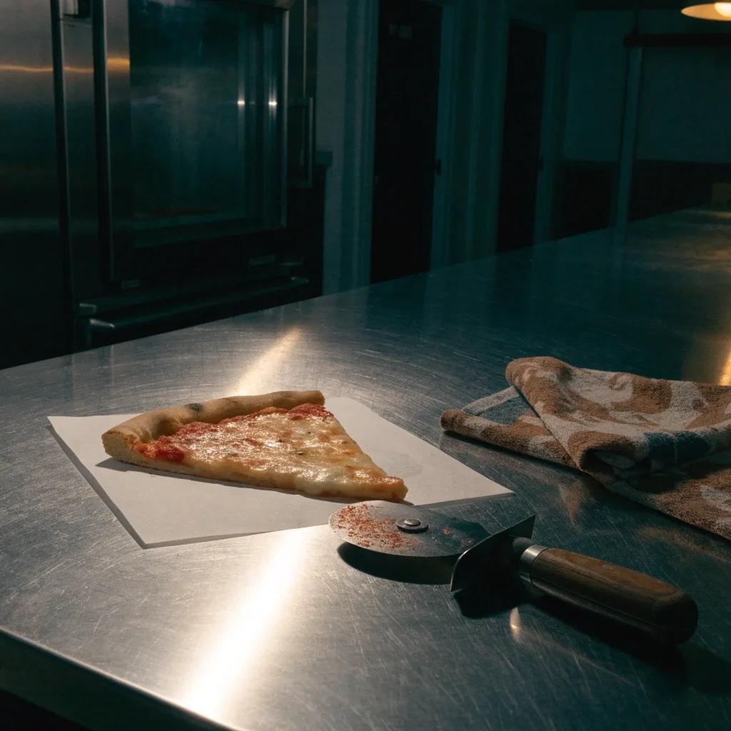 A slice of thin-crust pizza and a pizza cutter on a stainless steel counter under a warm lamp at night