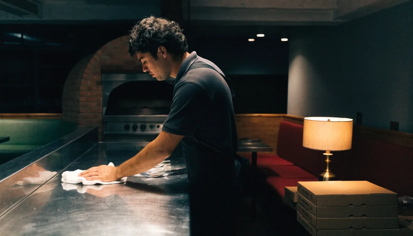 Warmly lit stainless service counter at a Papa Gino's restaurant at night with a plain pizza box on the pass