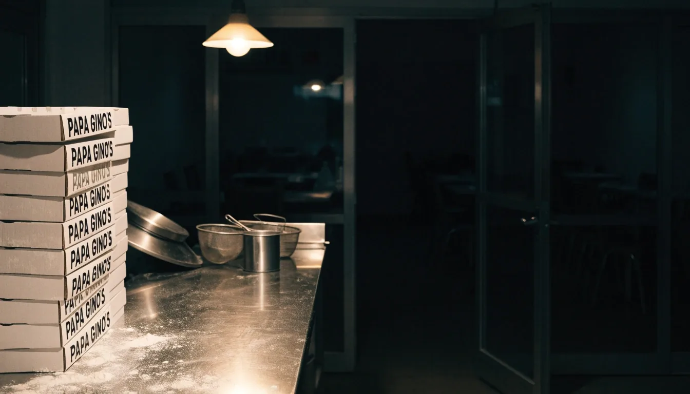 Empty Papa Gino's dining room at night with one lamp still lit over the service counter