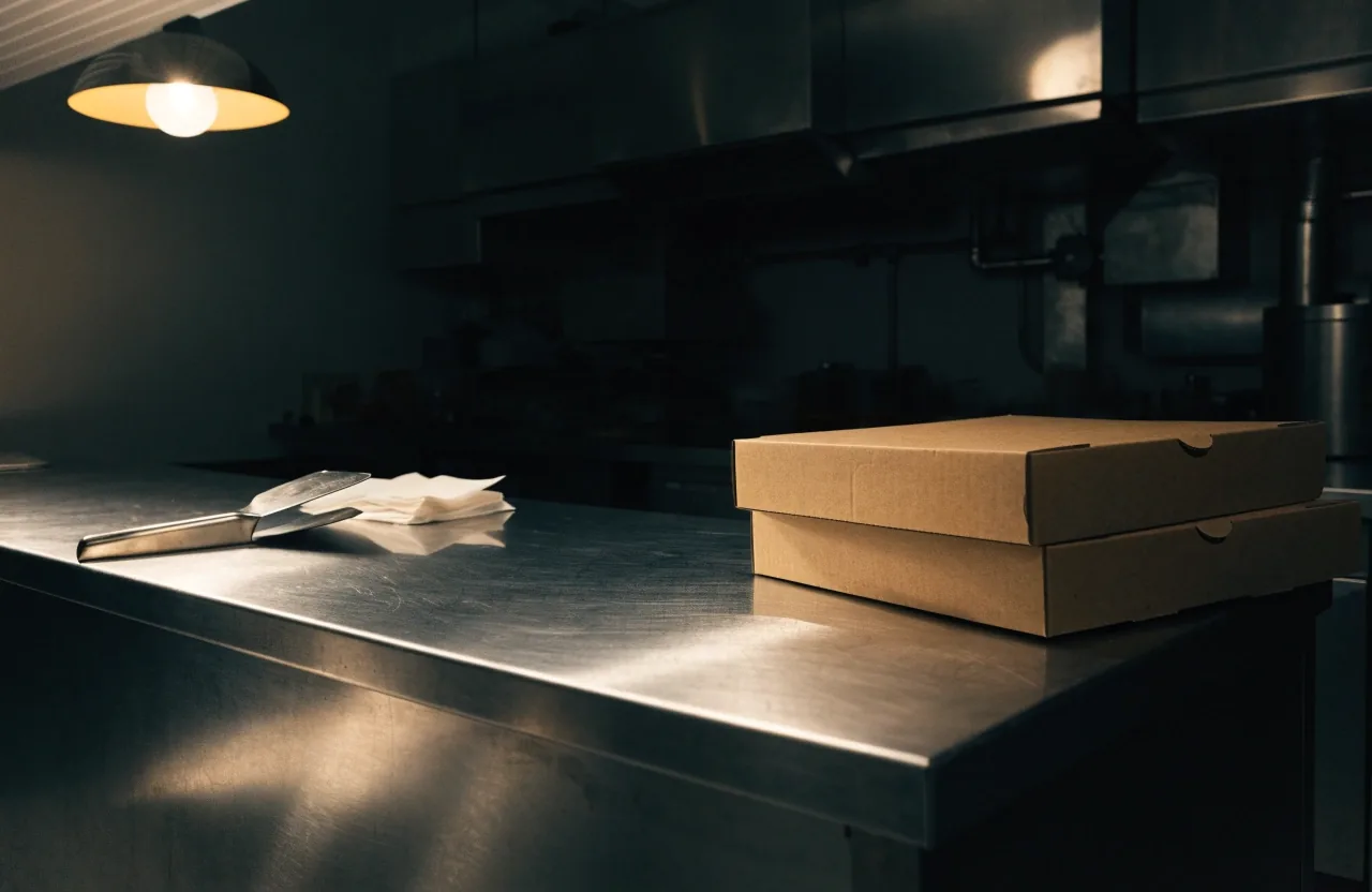 Stainless steel counter at a Papa Gino's kitchen with plain boxes and a dough scraper under an overhead lamp