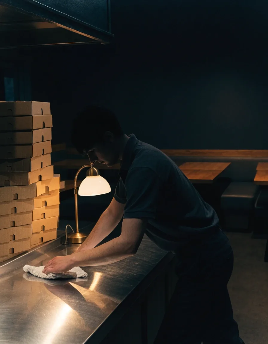 Counter side view inside a New England pizza restaurant at night under a warm overhead lamp