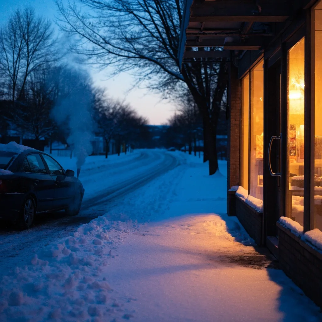 New England highway rest stop parking lot at dusk in winter with a warm glow from a low building