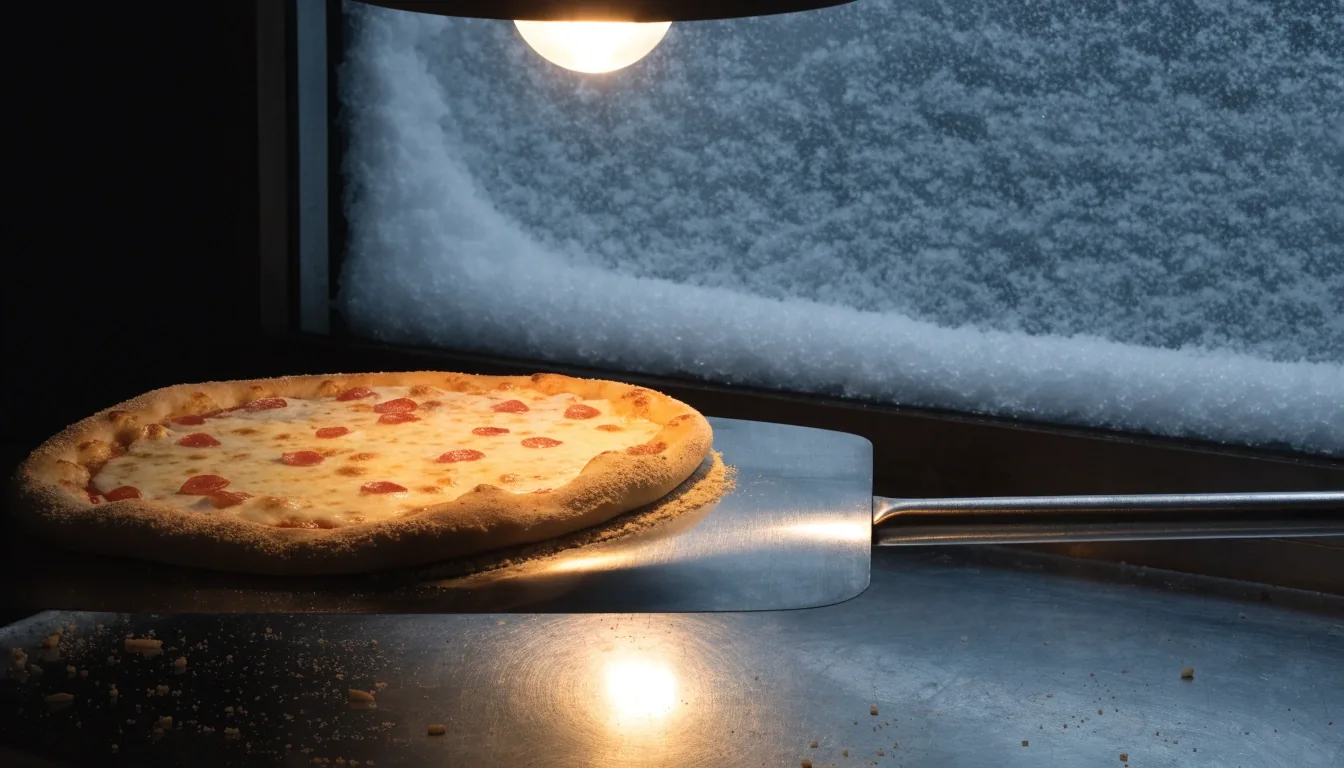 Thin-crust pizza on a stainless steel pass under a single overhead lamp with snow on the window behind