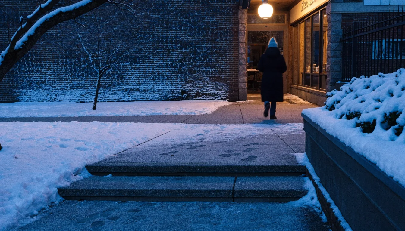 Wet New England street at night seen from a car window, warm shopfront glow at the frame edge