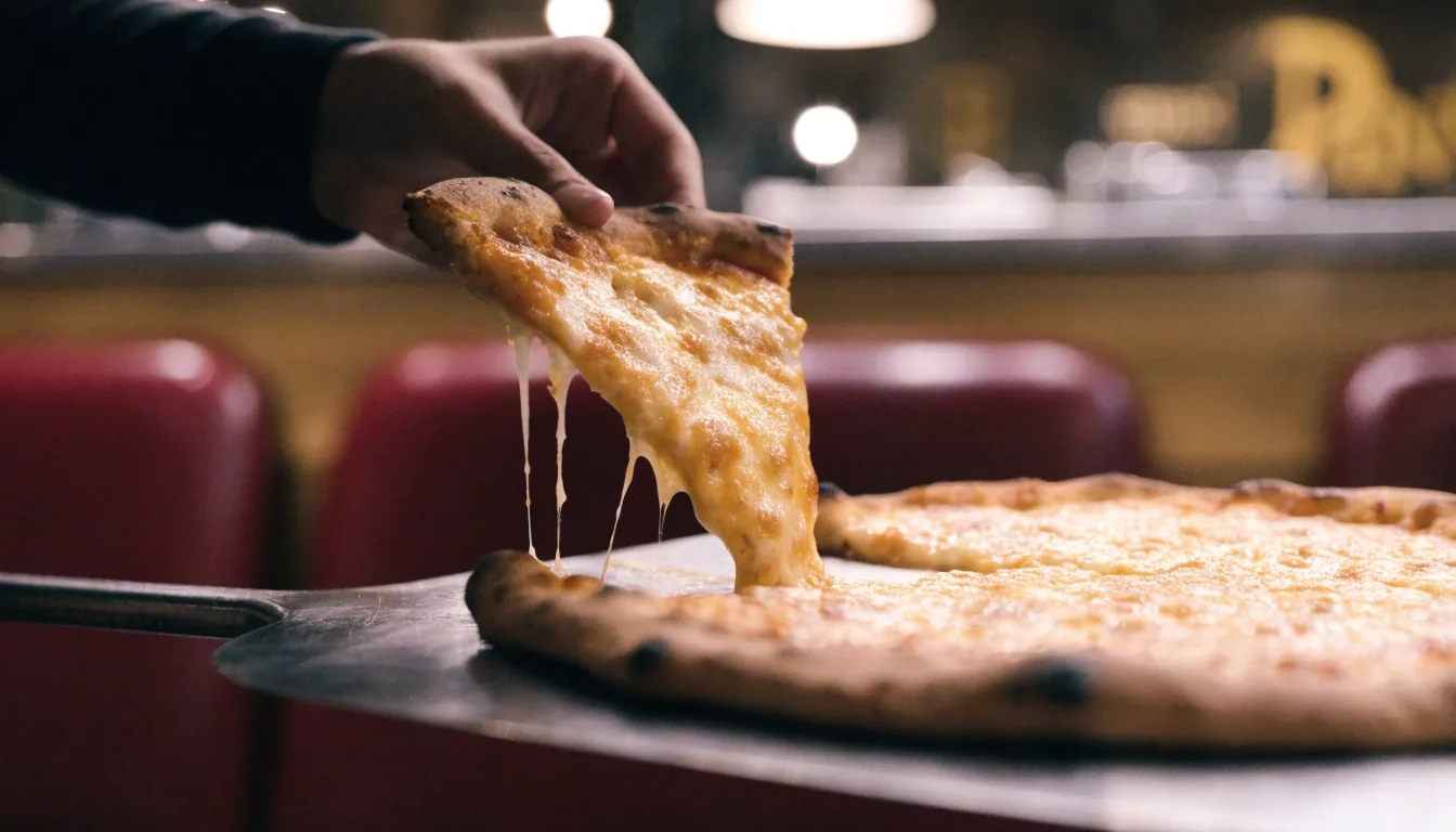 A thin-crust pizza on the steel pass under one warm lamp, with a slice lifted nearby
