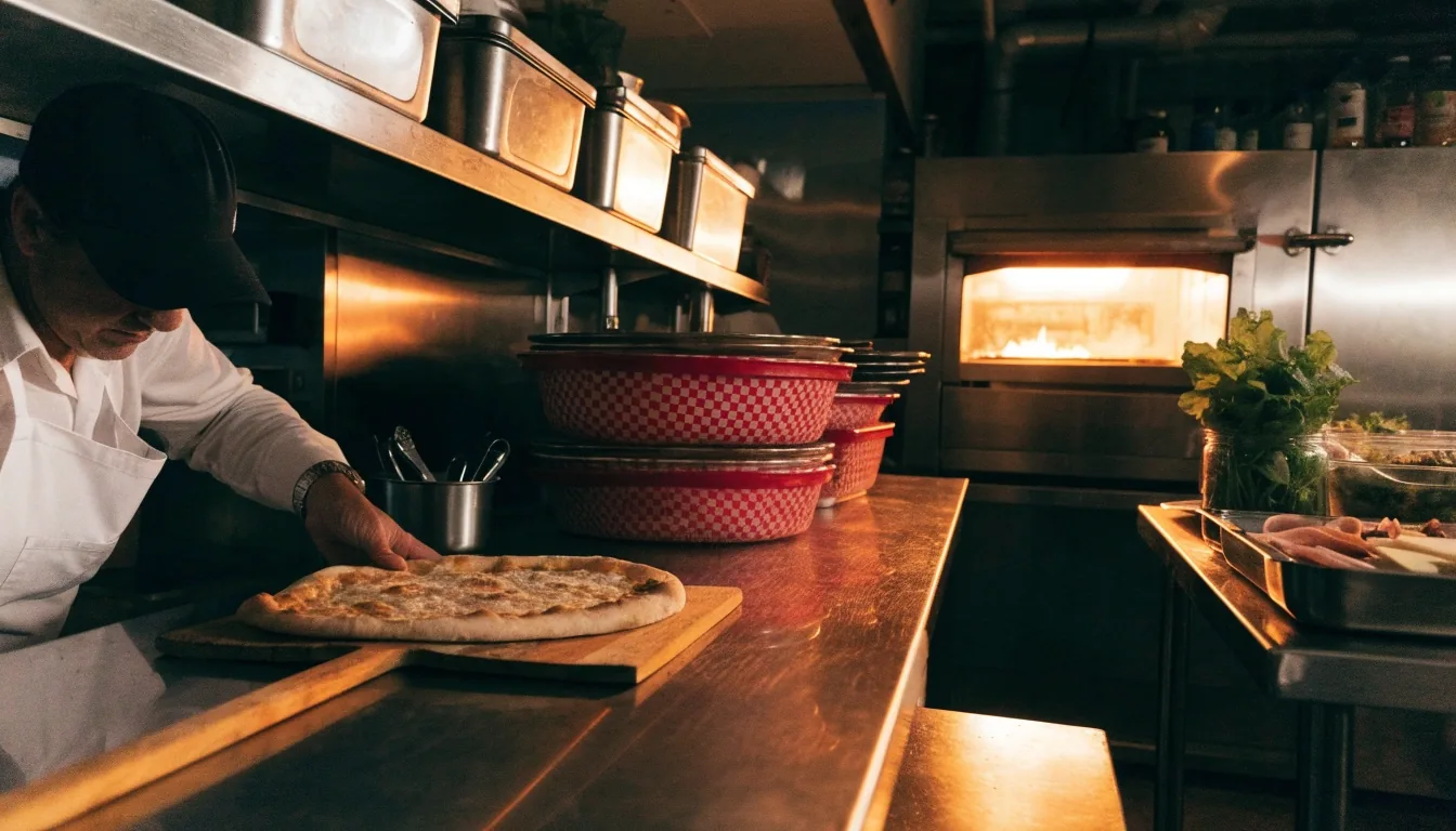 A slice lifted from the pie, cheese pull catching the overhead lamp against a dark surround
