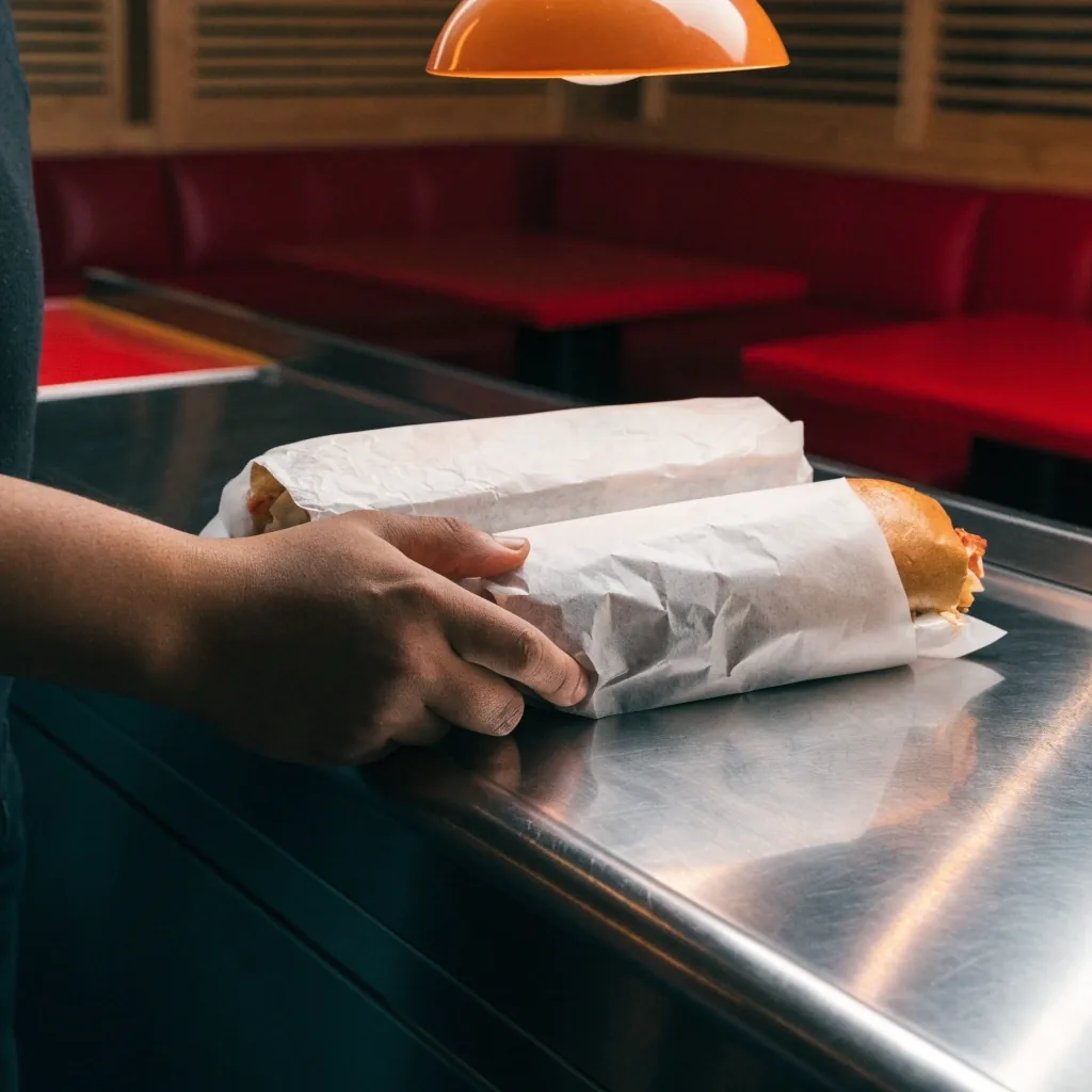 A grilled sandwich and a lobster roll on waxed paper on the steel counter under one warm lamp