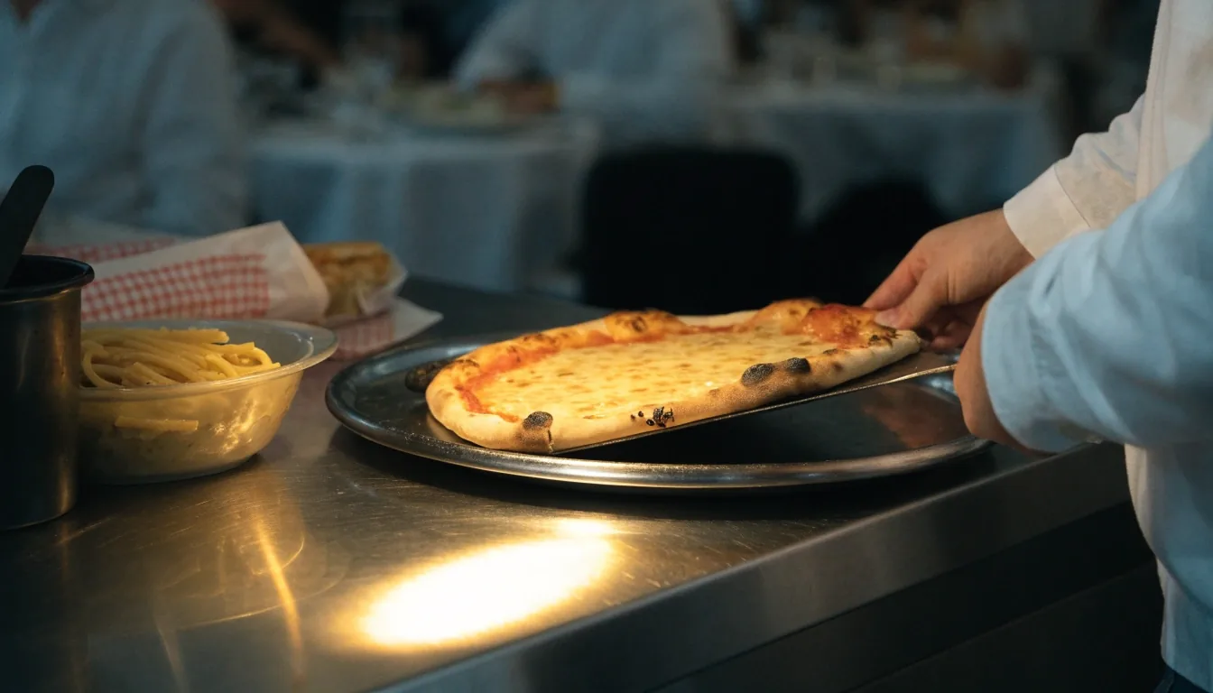 Three steel trays on the counter: thin-crust pizza slices, a baked pasta, and a grilled sandwich under one warm lamp