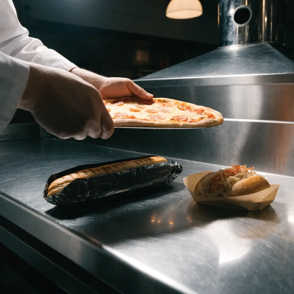 A grilled sandwich and a lobster roll on paper on a steel counter beside a pizza