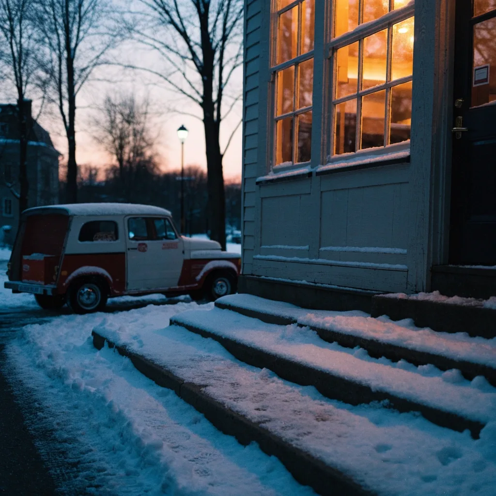 A pizzeria kitchen at night with a warm lamp over the pass and snow on the window