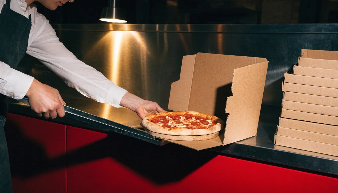 Hands closing a plain pizza box on a steel counter under a single overhead lamp