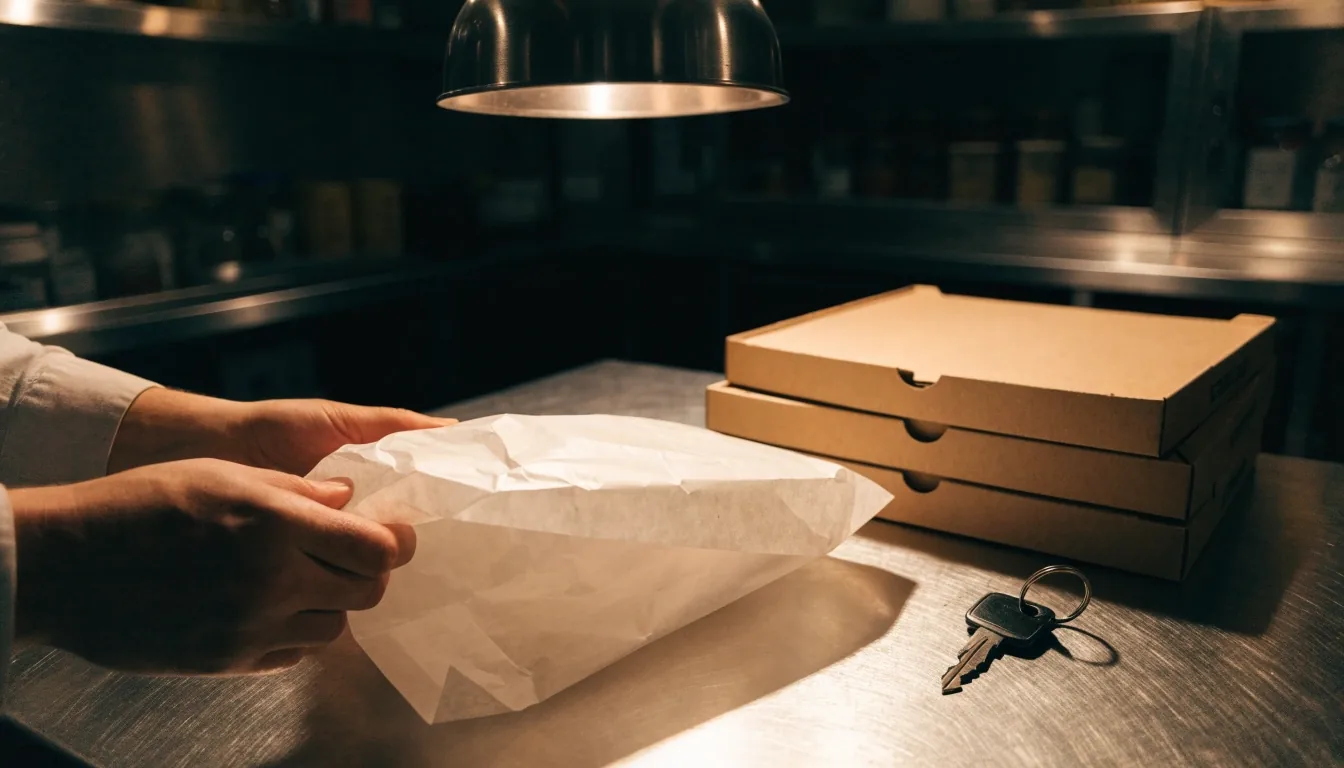 Overhead view of a pizza box, takeout bag and car keys on a steel counter