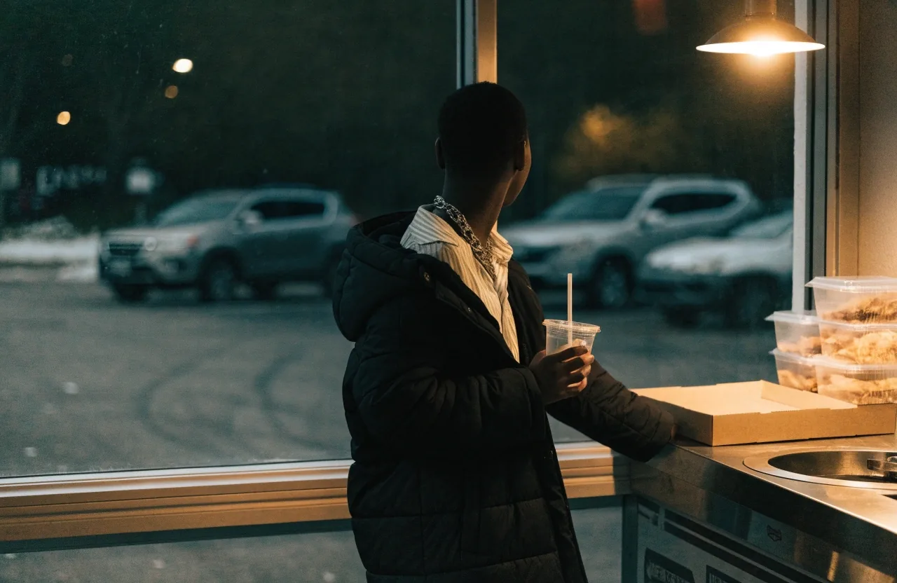 A shared ordering counter at night with a plain pizza box and paper order slip under a warm pendant lamp