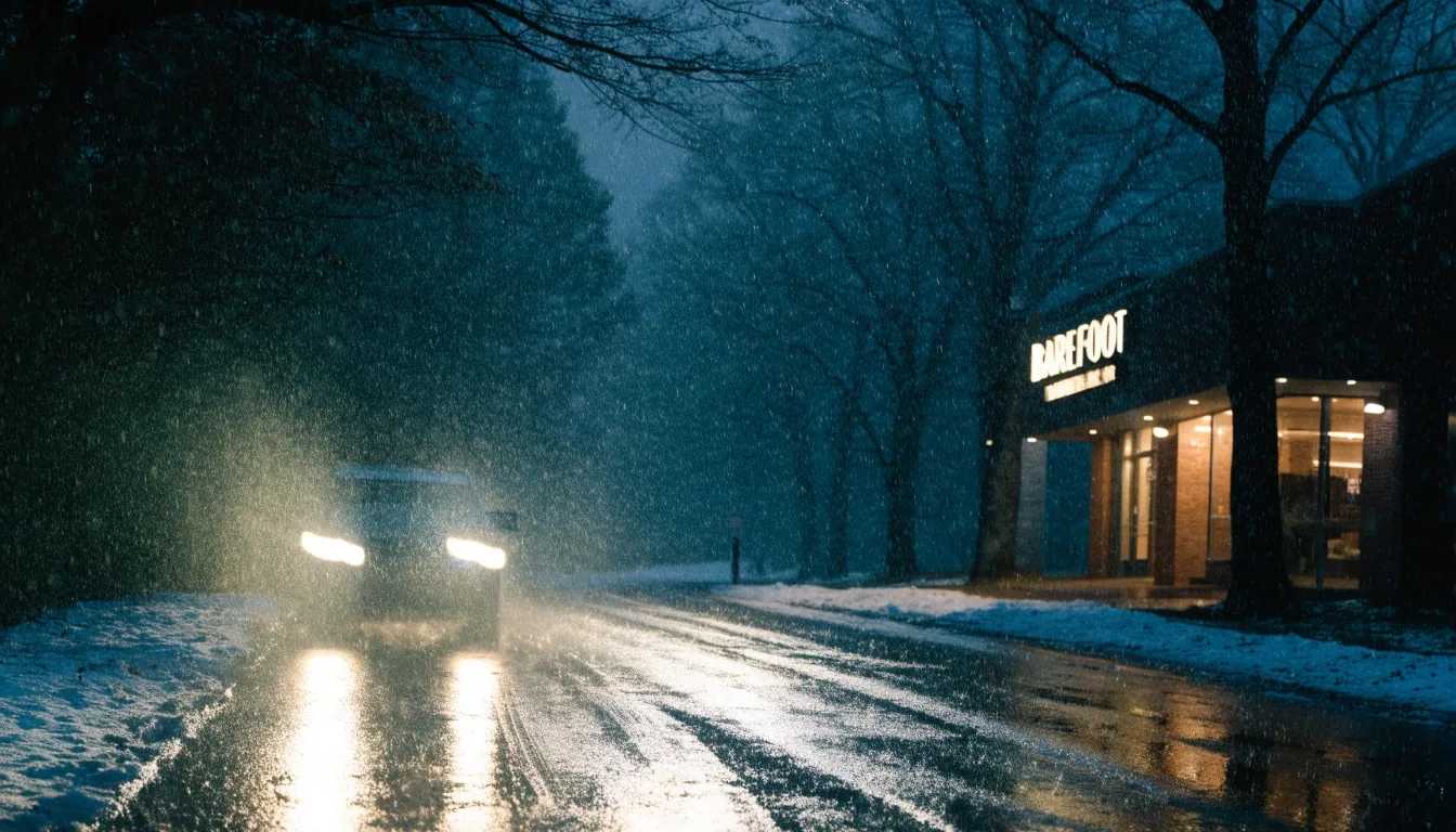 A rain-slicked New England road at night with warm light from a highway-adjacent restaurant building