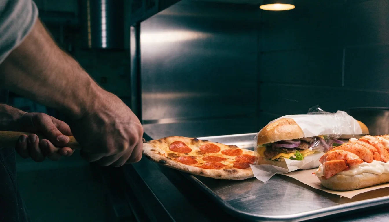 Grilled sandwich, lobster roll, and thin-crust pizza slice on the steel counter of a co-branded Papa Gino's and D'Angelo restaurant under one overhead lamp at night