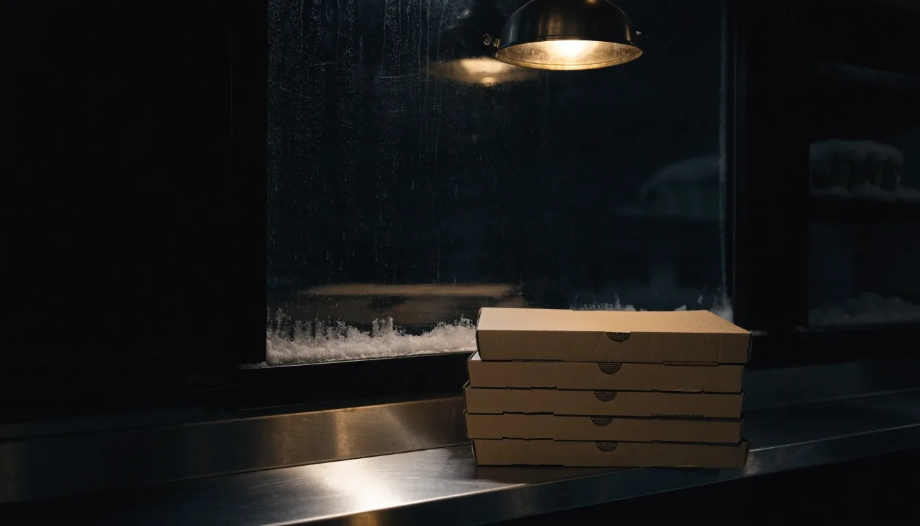Closed pizzeria counter at night with plain boxes stacked under a single overhead lamp