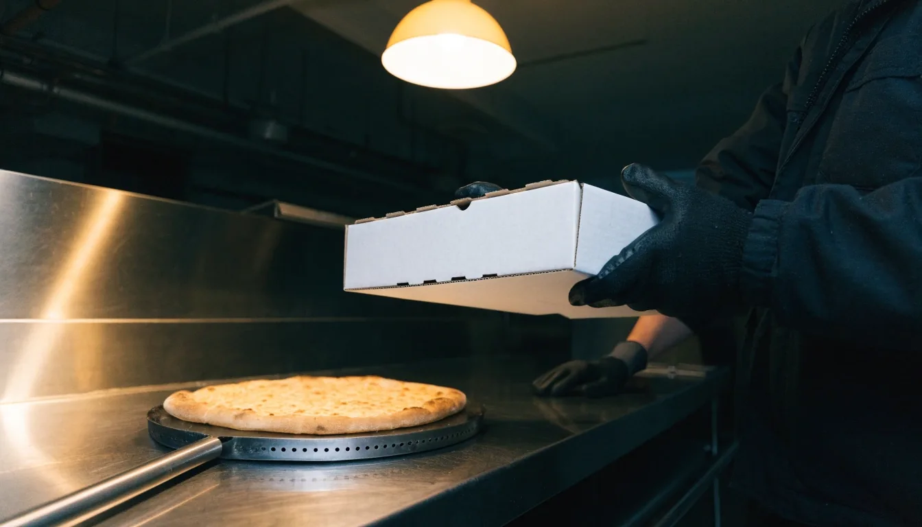Hands closing a plain pizza box beside an open thin-crust pie on a steel counter